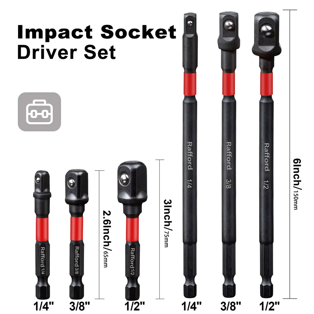 Rafford Impact Socket Adapter Set 1/4" 3/8" and 1/2" Drive