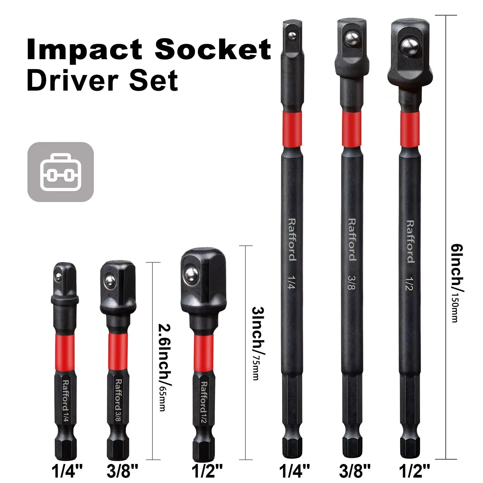 Rafford Impact Socket Adapter Set 1/4" 3/8" and 1/2" Drive